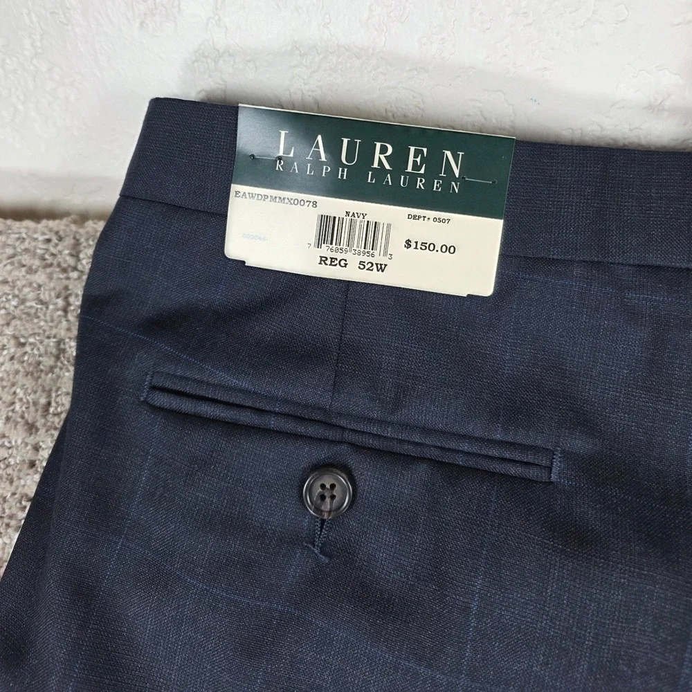 Lauren Ralph Lauren Mens Navy Blue Wool Plaid Ultraflex Dress Pants 52W UNHEMMED